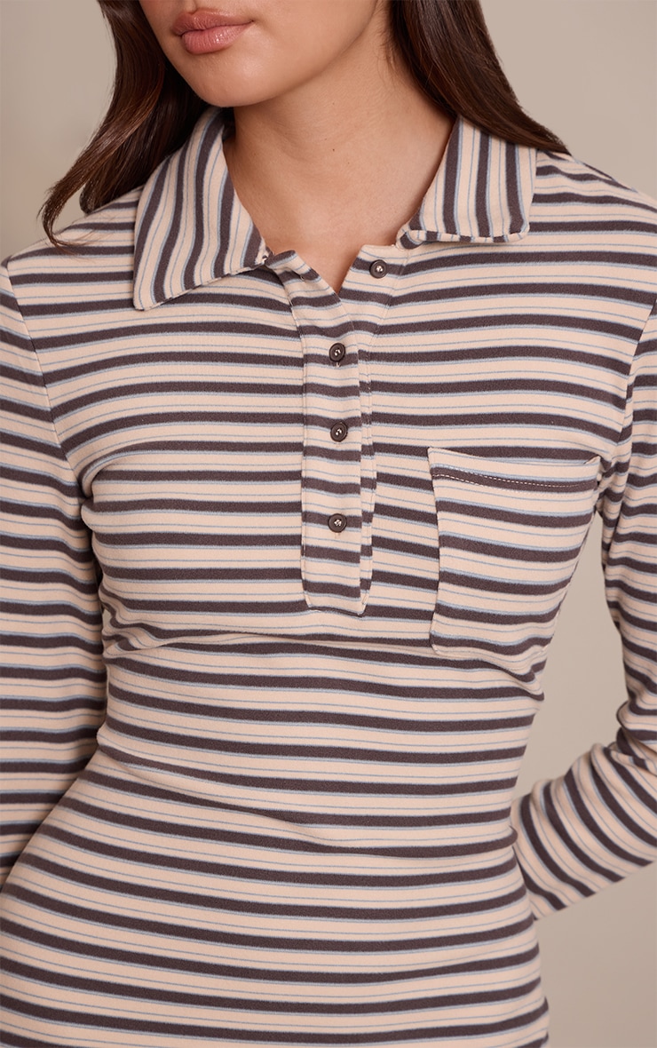 Blue Striped Soft Touch Collar Long Sleeve Bodycon Dress image 4