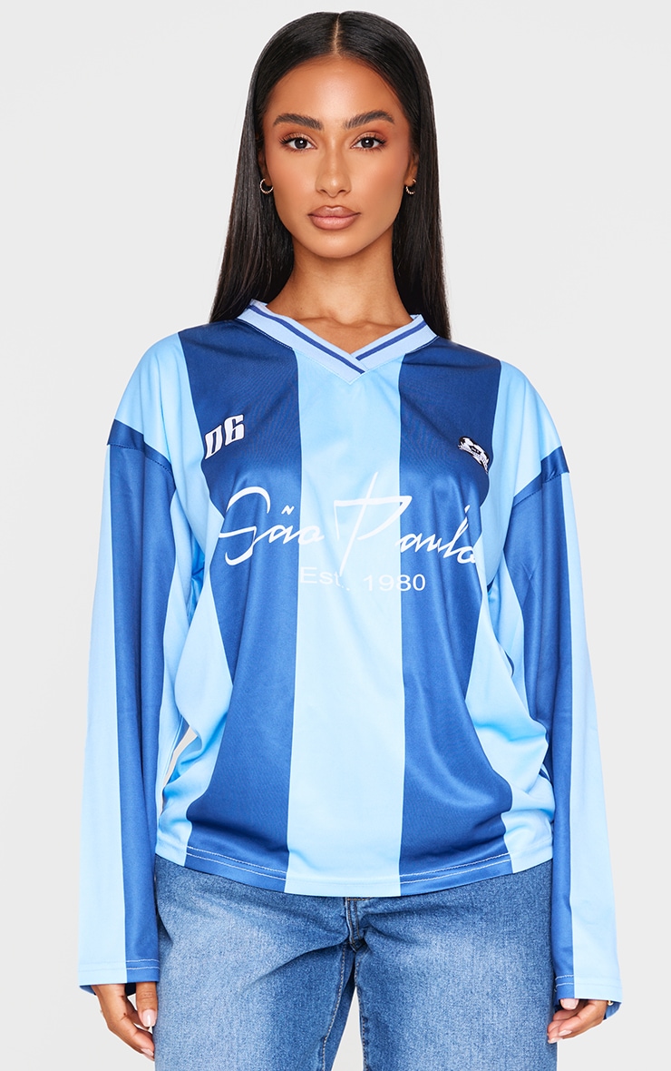 Petite Navy Logo Sports Striped Long Sleeve Jersey image 1
