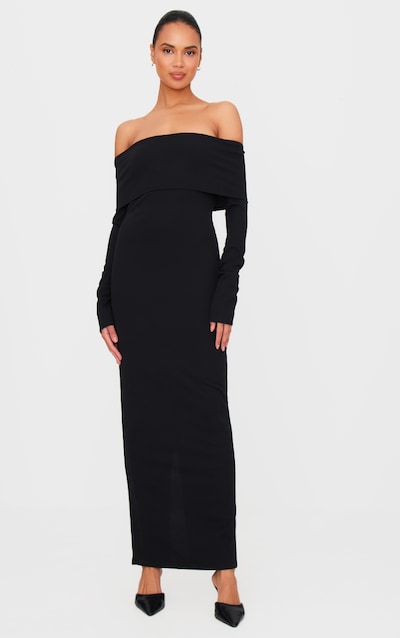 Black Crepe Long Sleeve Bardot Maxi Dress