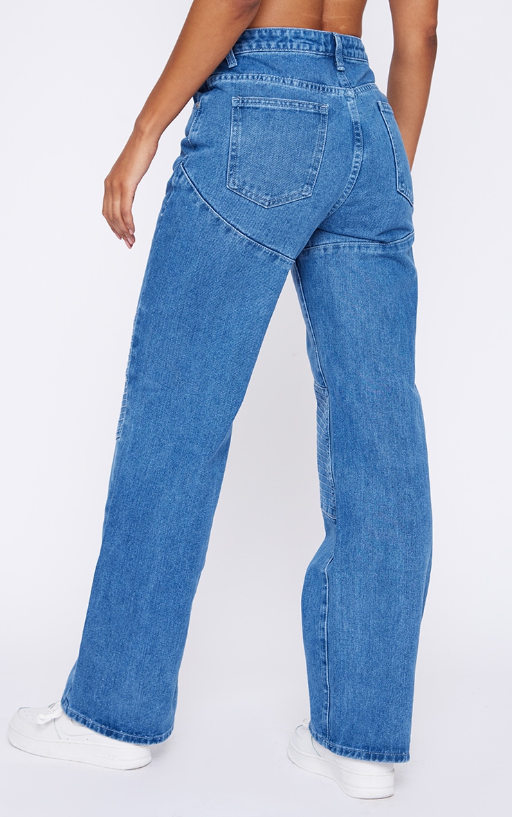 Mid Blue Wash Biker Panelling Wide Leg Jeans image 3