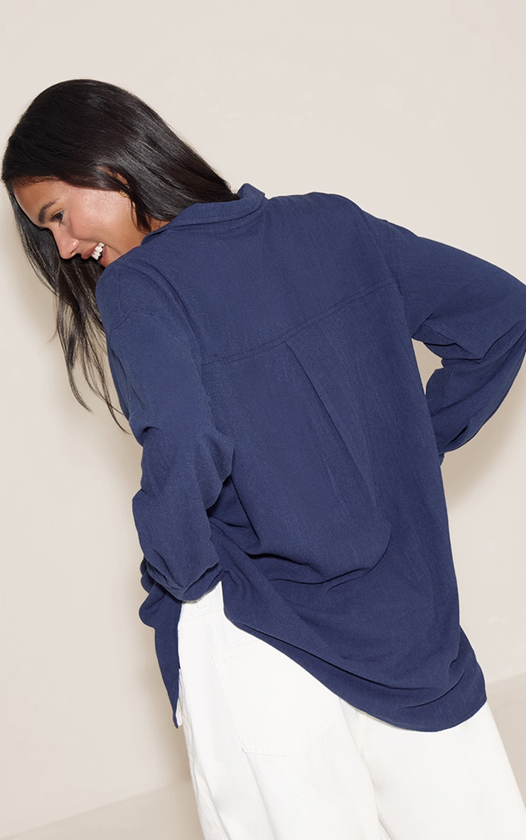 Navy Linen Look Boxy Oversized Shirt image 2