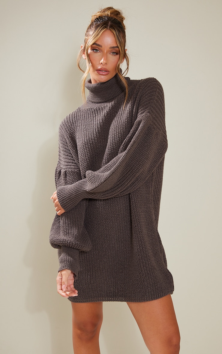 Chocolate Chunky Knit Roll Neck Sweater Dress