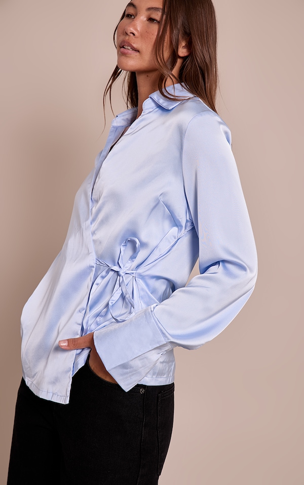 Blue Satin Tie Waist Detail Slouchy Shirt