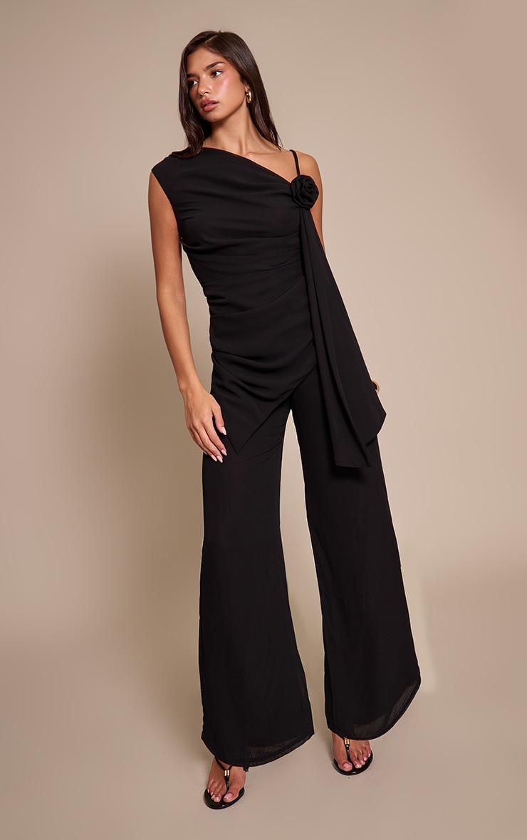 Black Chiffon Corsage Detail Wide Leg Jumpsuit image 1