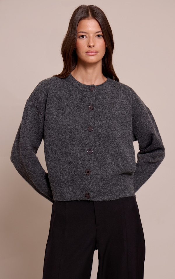 Charcoal Crew Neck Knit Cardigan