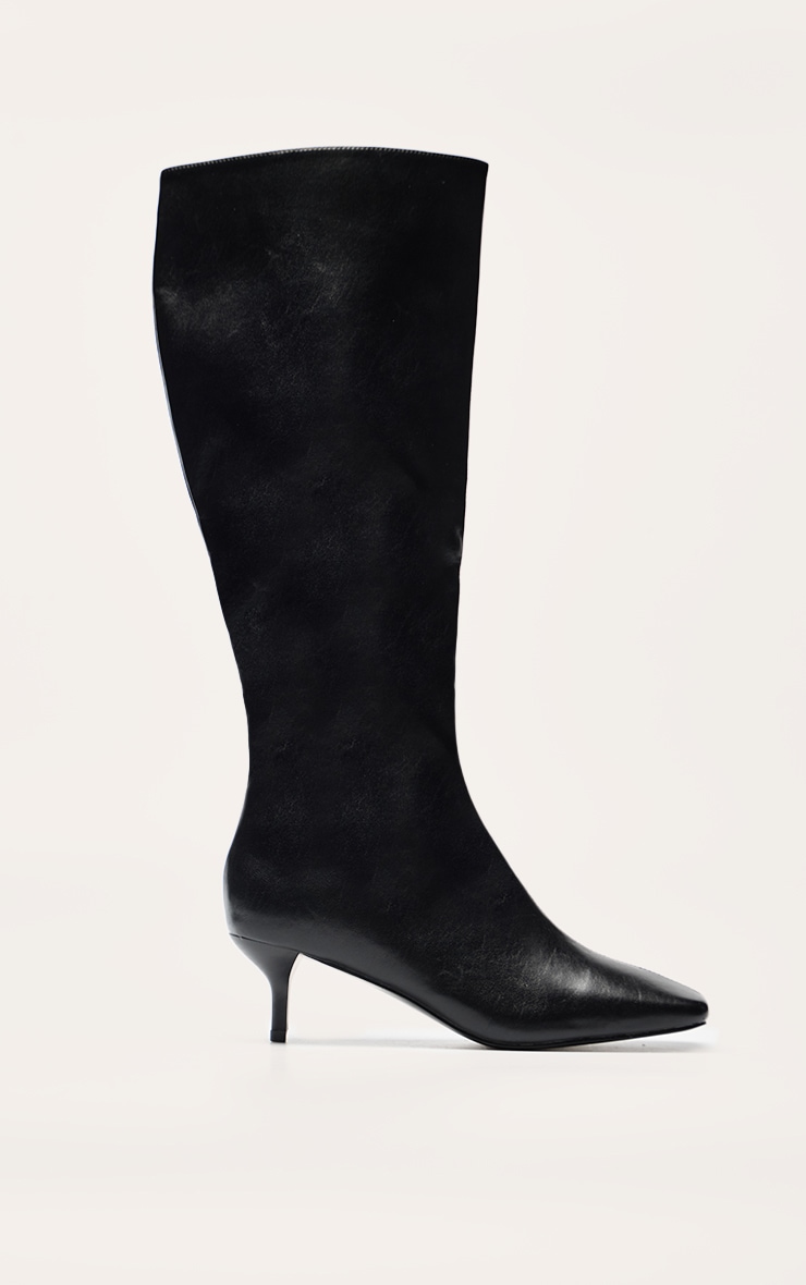 Black Soft PU Snip Toe Kitten Heel Knee High Boot image 2
