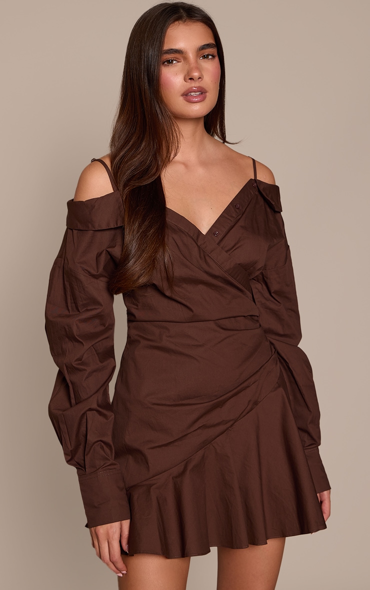 Chocolate Off The Shoulder Asymmetric Shirt Dress image 1