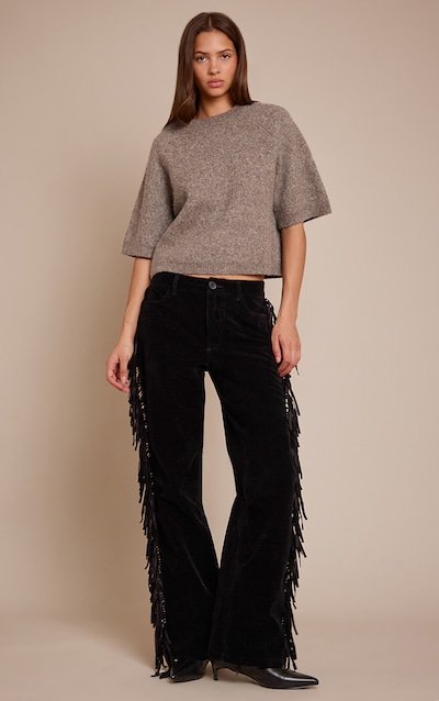 Black Faux Suede Fringe Straight Leg Pants