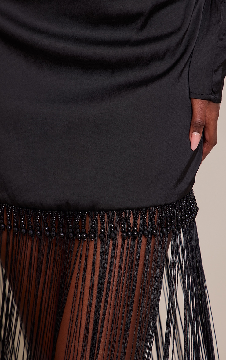 Black Satin Beaded Tassel Hem Detail Maxi Dress image 4