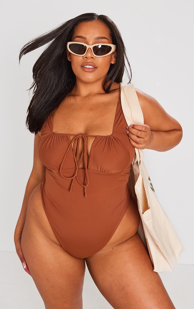 Plus Chocolate Tie Detail Ruched Bust Swimsuit image 1