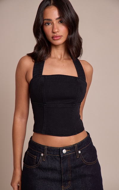 Petite Black Denim Halterneck Top