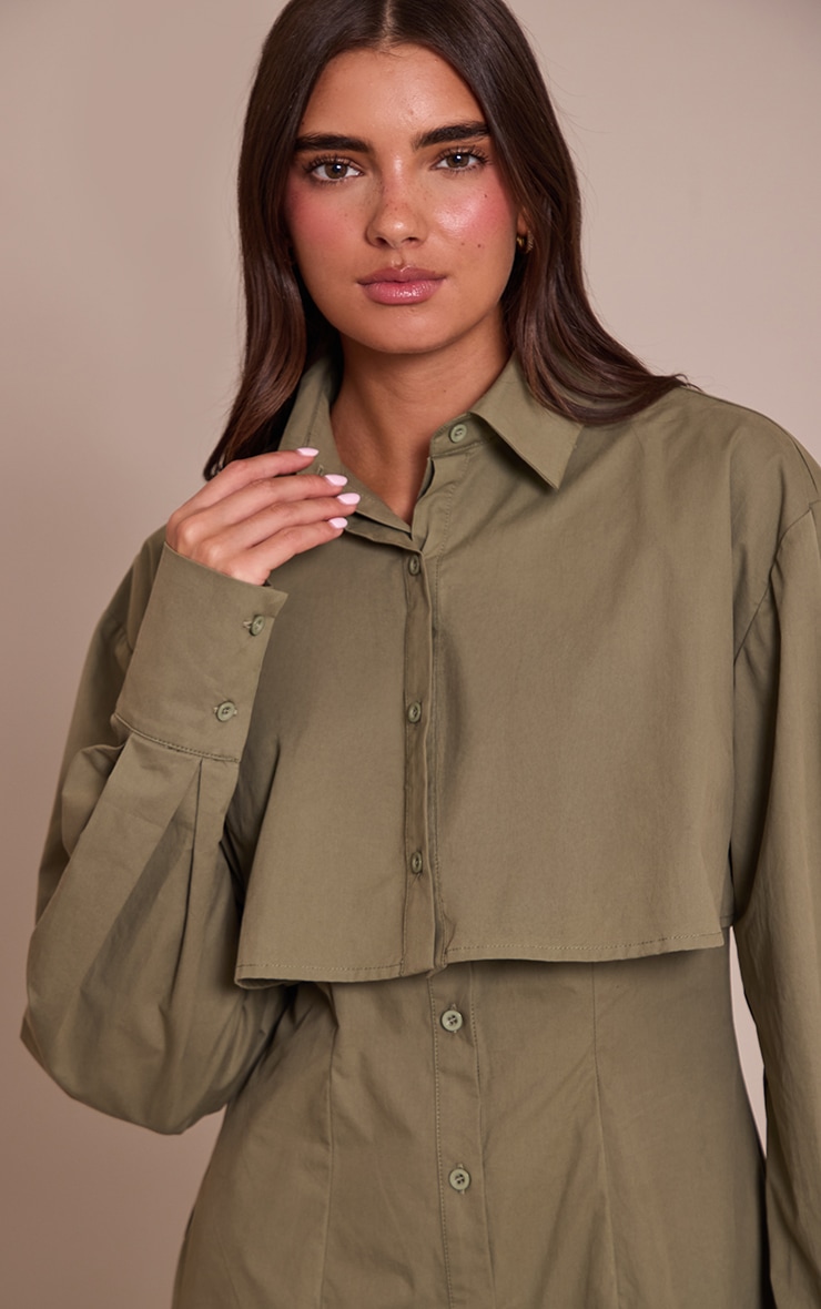 Khaki Overlay Detail Long Sleeve Shirt Dress image 4