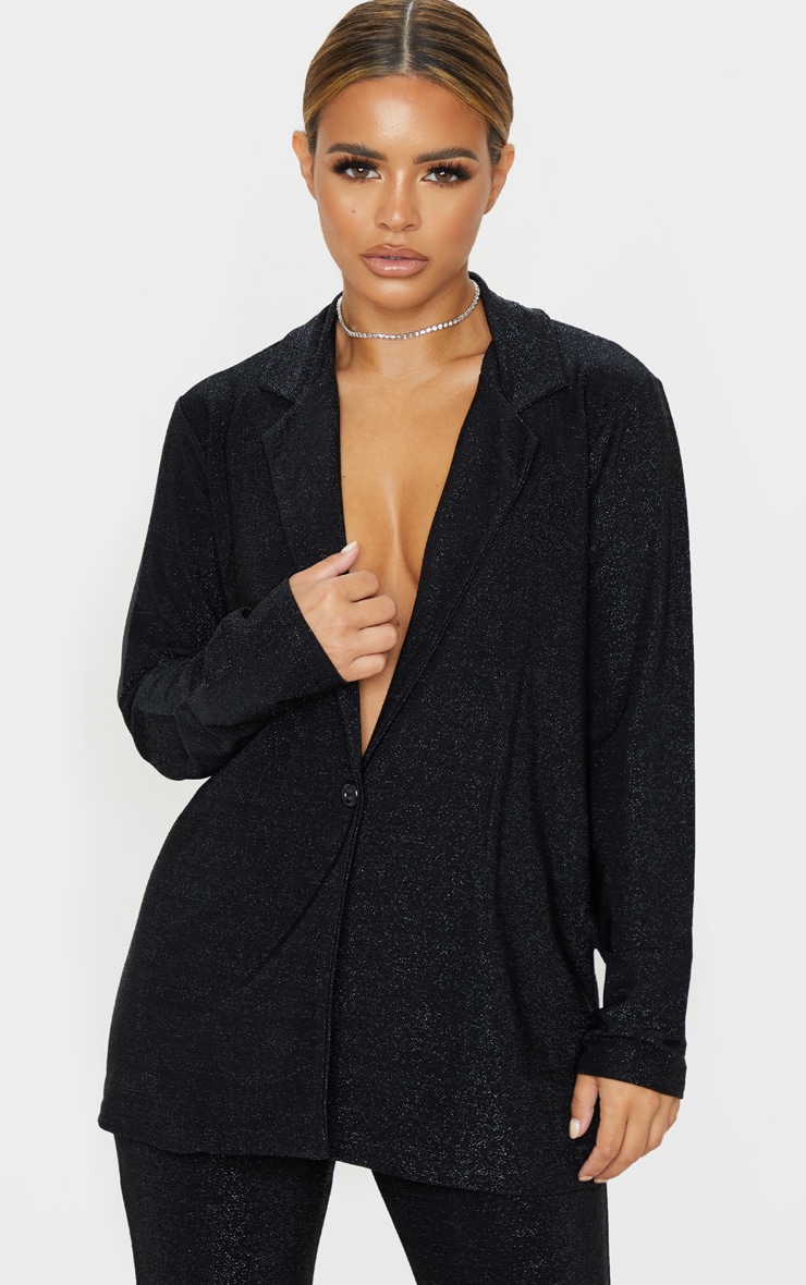 Petite Black Textured Glitter Blazer