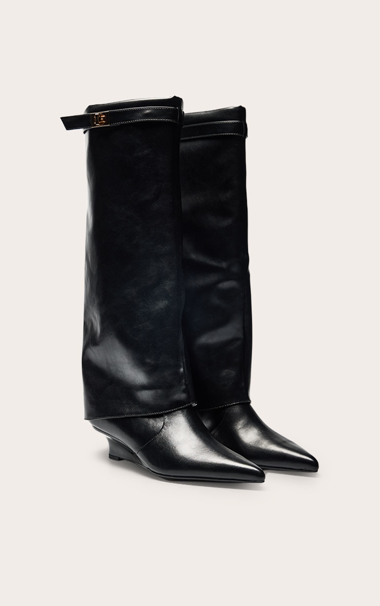 Black PU Kitten Wedge Knee High Fold Over Boots image 3