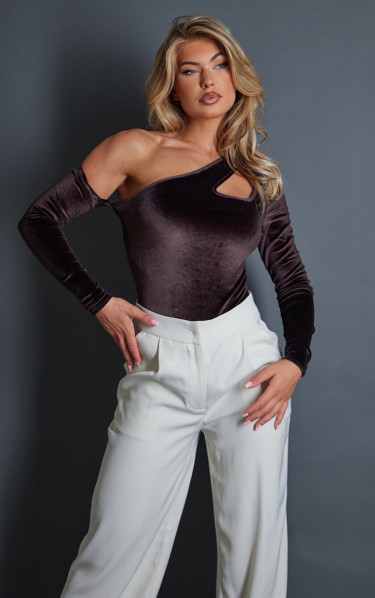 Chocolate Velvet Cut Out One Shoulder Bodysuit image 6