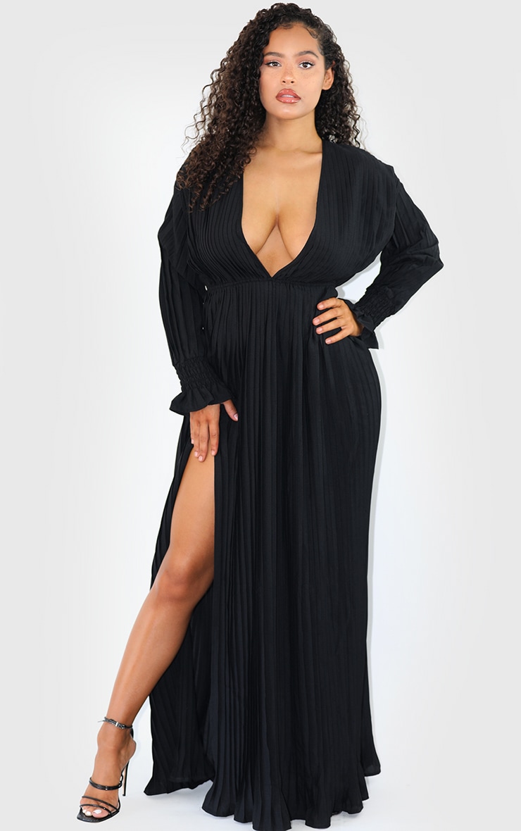Black Pleated Plunge Split Detail Maxi Dress