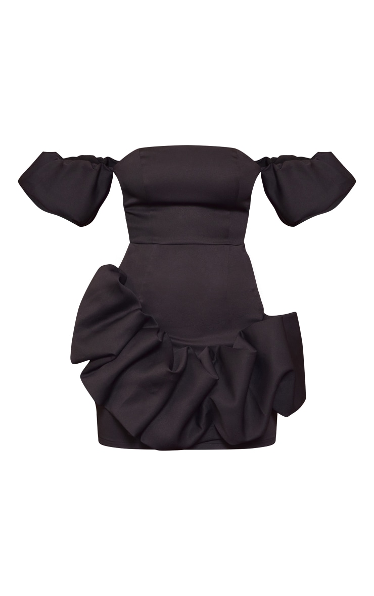 Black Frill Detail Puff Sleeve Bardot Bodycon Dress image 5