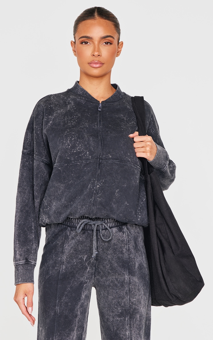 Charcoal Washed Seam Zip Up Bomber Sweatshirt Sweat PrettyLittleThing KSA