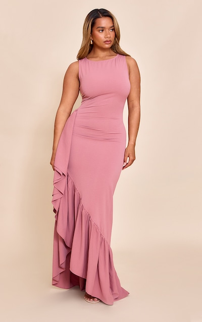 Shape Rose Stretch Woven Boat Neck Side Split Frill Maxi Dress