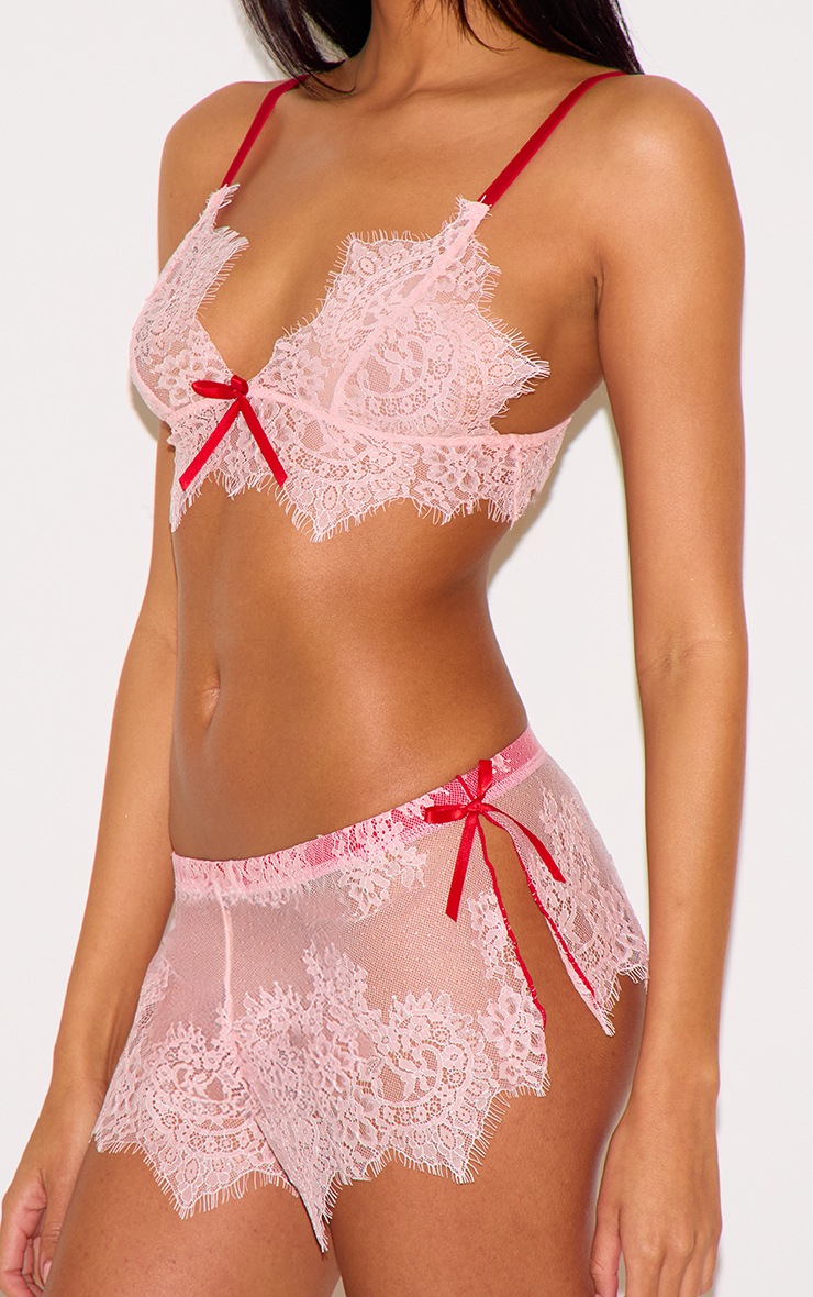 Pink Lace Contrast Trim Bralette Short Pj Set image 4