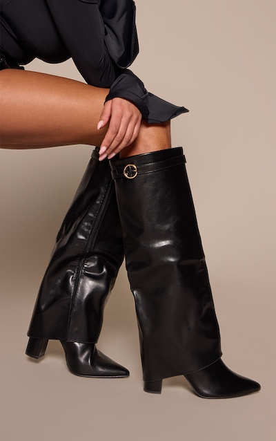 Black Faux Leather Block Heel Foldover Buckle Boot