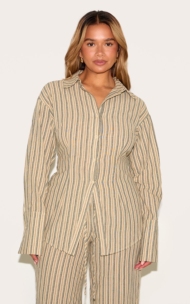 Shape Olive Striped Lace Up Cinched Back Button Front Shirt image 1