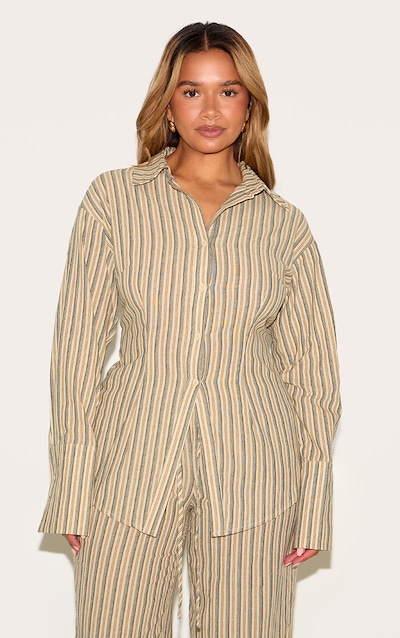 Shape Olive Striped Lace Up Cinched Back Button Front Shirt