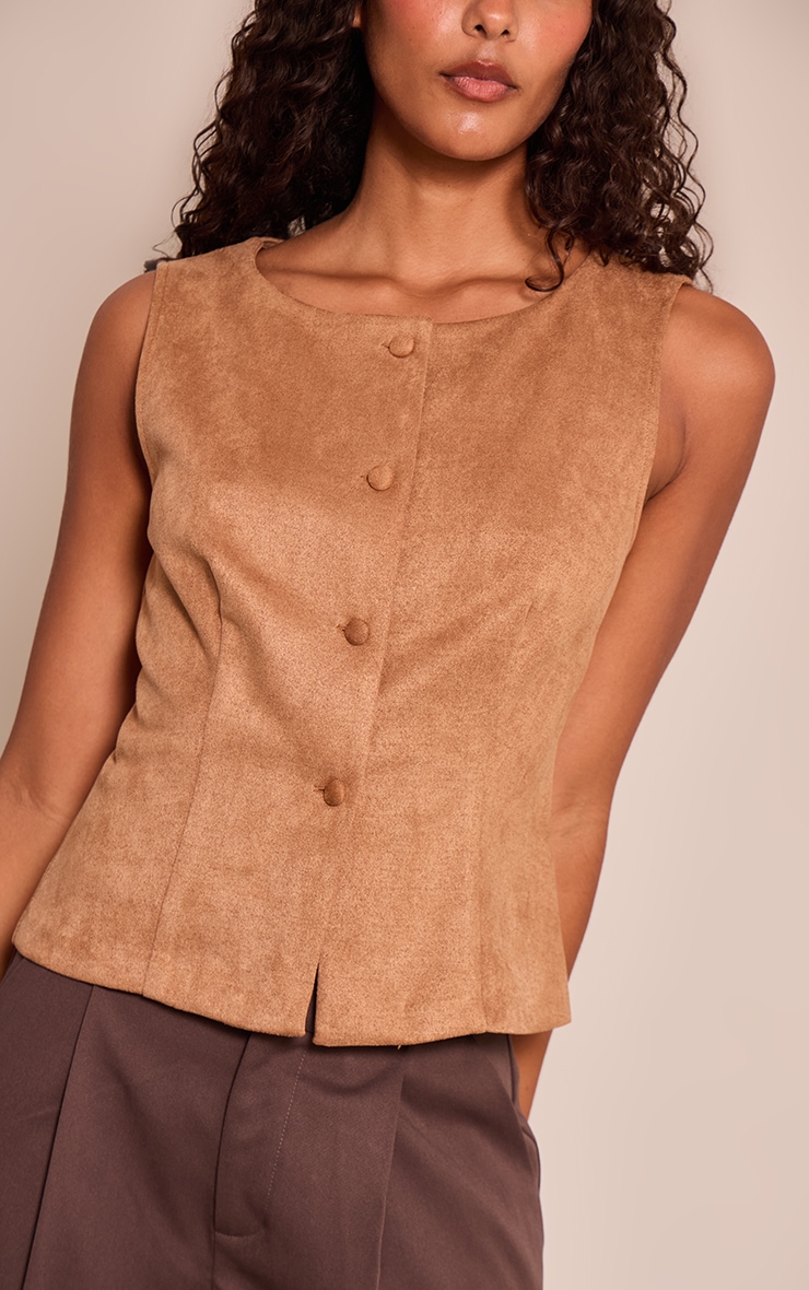 Tan Faux Suede Popper Detail Vest image 4