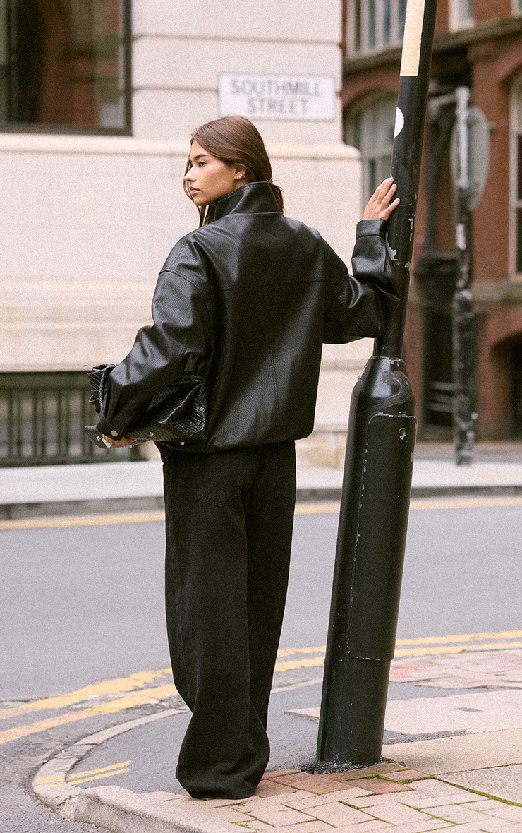 Black Funnel Neck Concealed Placket Faux Leather Jacket image 2