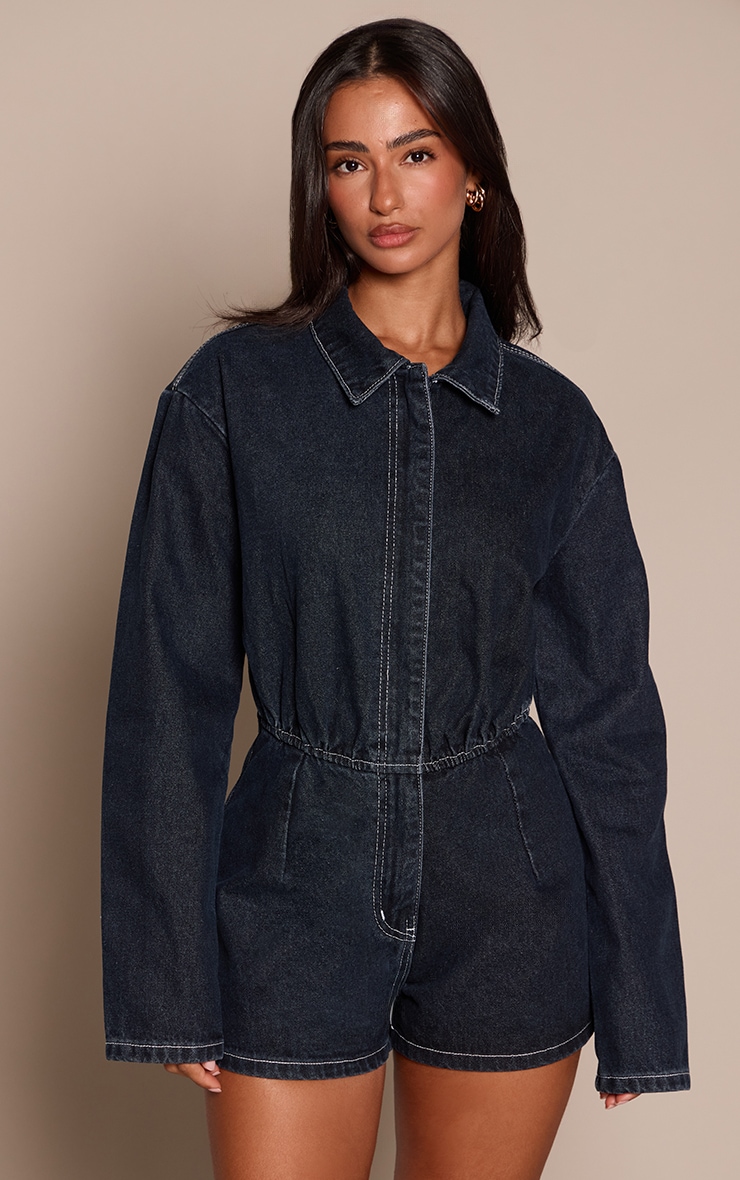 Petite Raw Indigo Long Sleeve Denim Romper