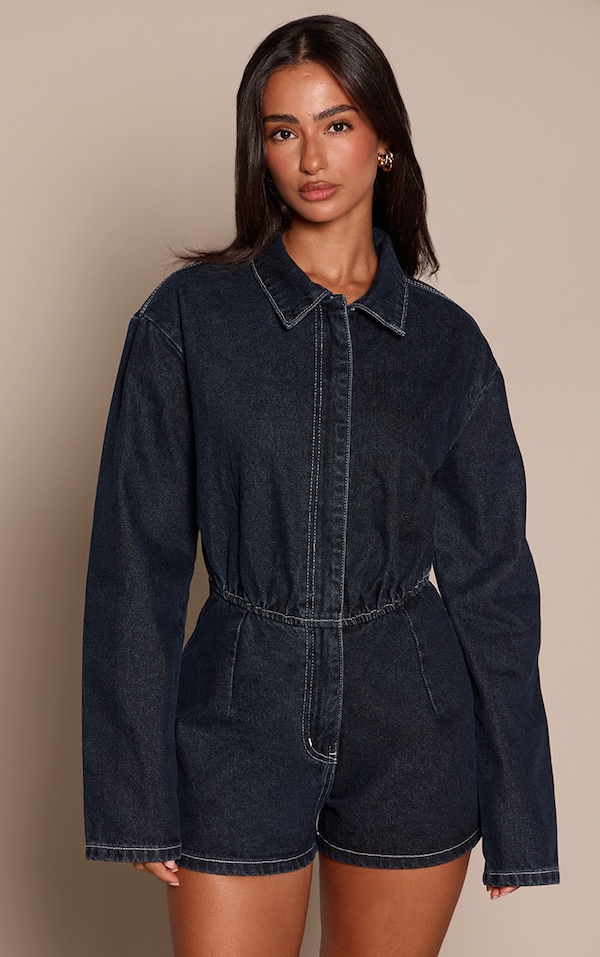 Petite Raw Indigo Long Sleeve Denim Playsuit