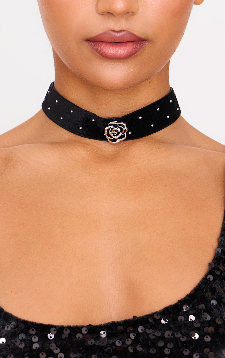 Black Velvet Diamante Rose Choker image 2