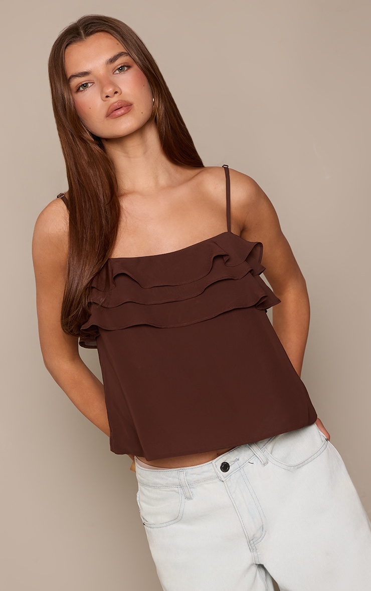Chocolate Chiffon Ruffle Cami Top image 1