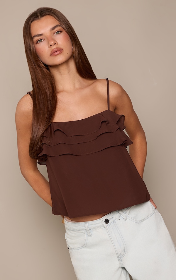 Chocolate Chiffon Ruffle Cami Top