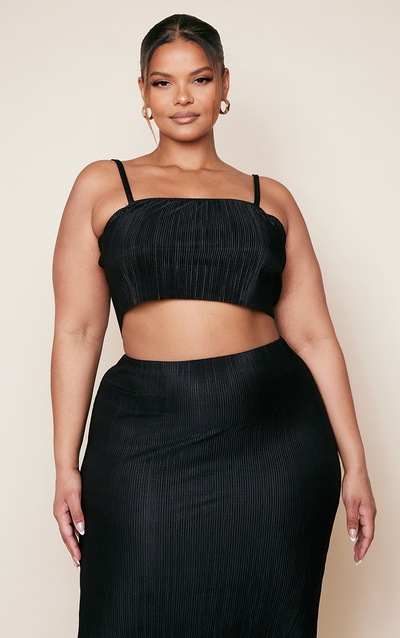 Plus Black Strappy Plisse Crop Top