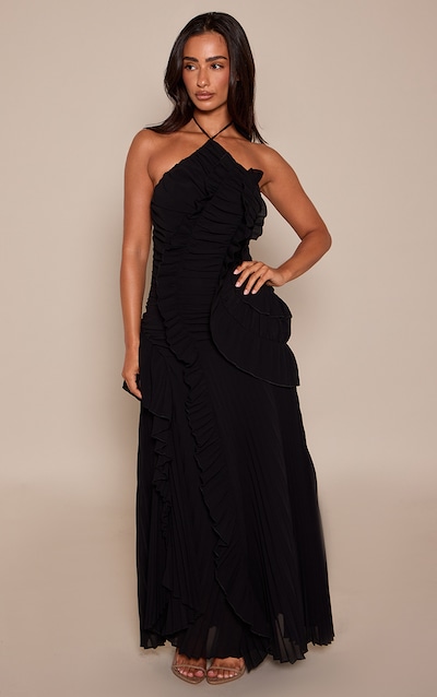 Petite Black Halterneck Plisse Ruffle Detail Maxi Dress