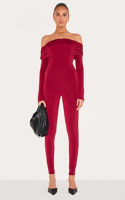 Combinaison skinny moulante doublée bordeaux à col bardot