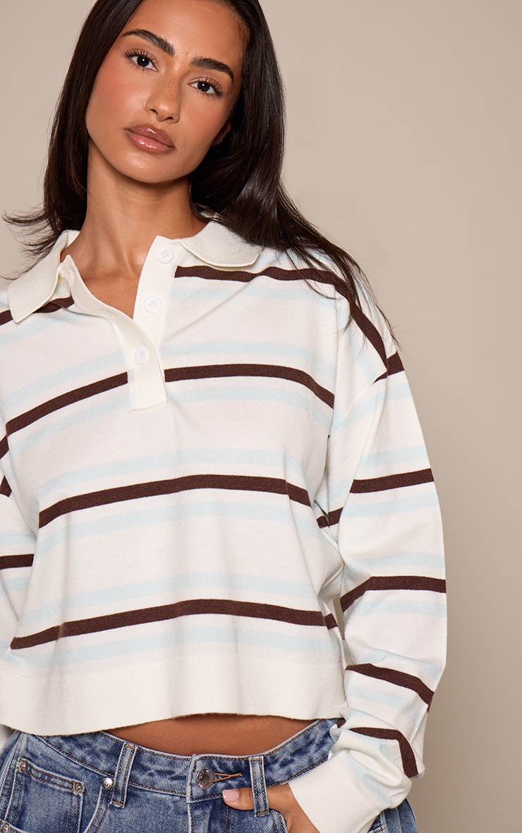 Petite Cream and Blue Stripe Polo Knit Long Sleeve Rugby Top  image 4