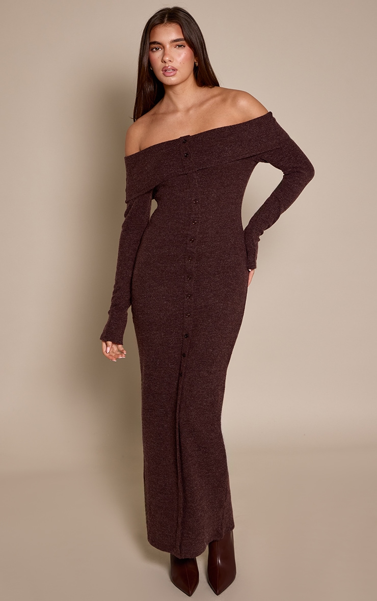 Chocolate Ribbed Bardot Button Down Maxi Dress image 1