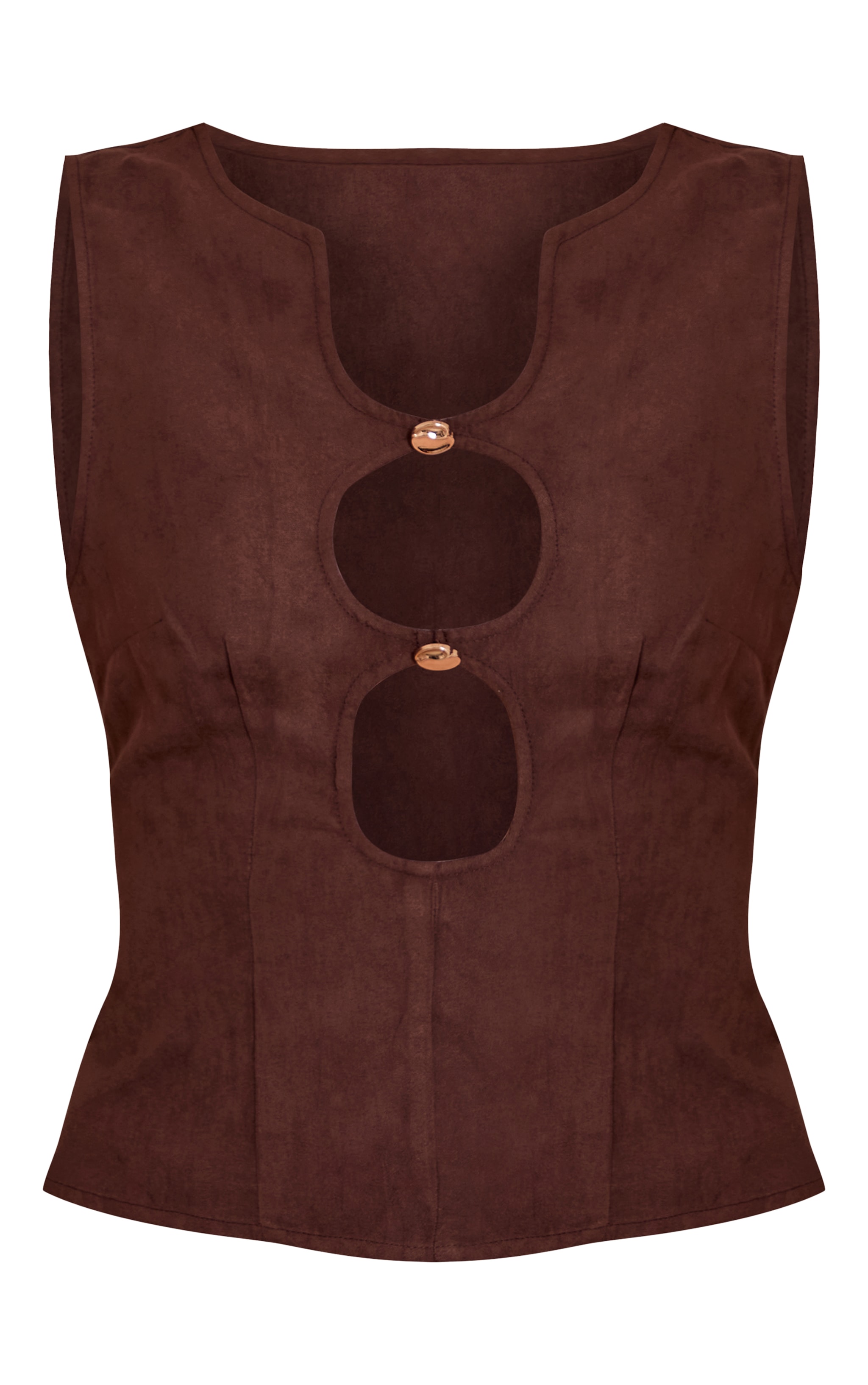 Brown Faux Suede Fitted Cut Out Long Top Tops PLT KSA