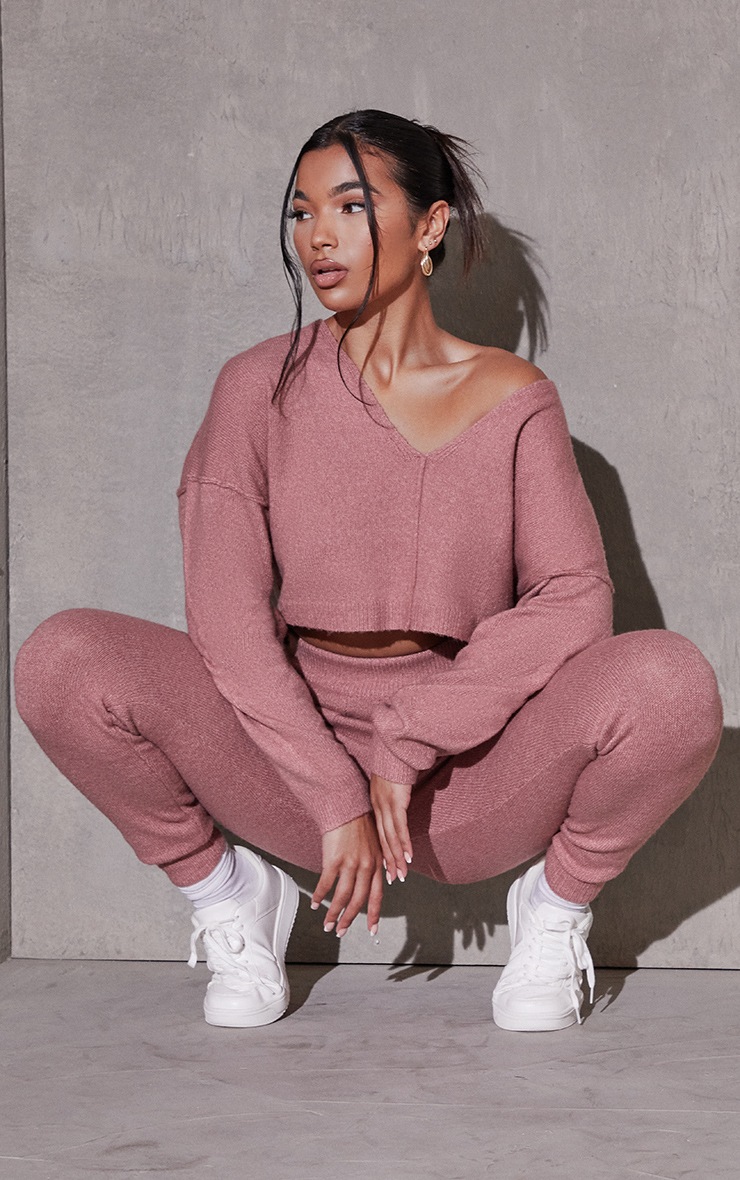 Pink Recycled Crop Jumper And Jogger Knitted Lounge Set