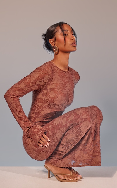 Mocha Floral Sheer Burnout Long Sleeve Maxi Dress