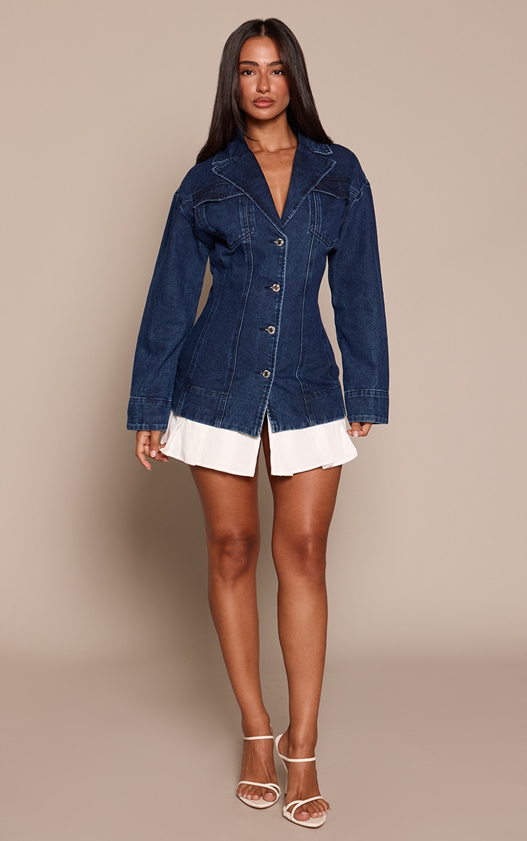 Petite Indigo Denim Fitted Mini Dress With Pleat Details image 3