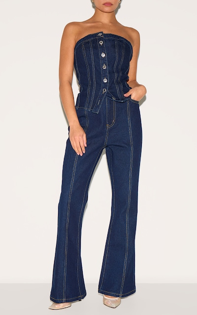 Petite Dark Indigo Contrast Seam Straight Leg Jeans