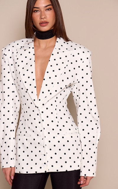 White Polka Dot Lapel Detail Button Down Cinch Waist Blazer
