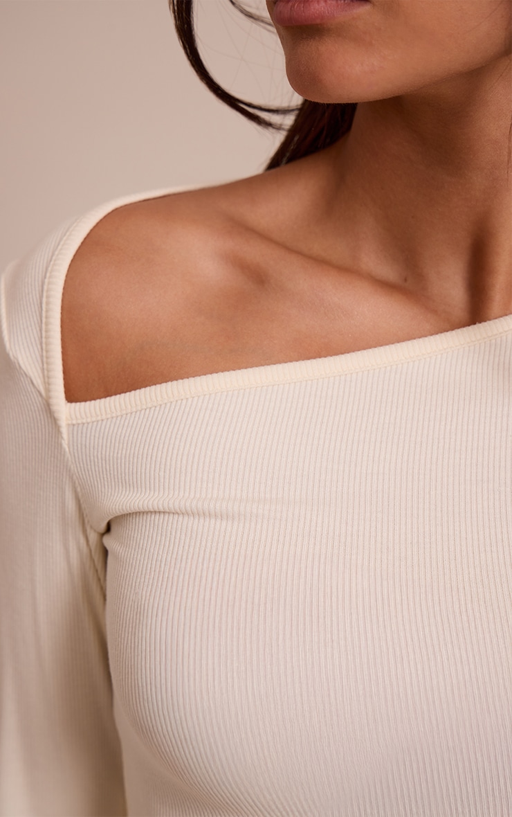 Cream Soft Rib Asymmetric Detail Fitted Longline Top image 4