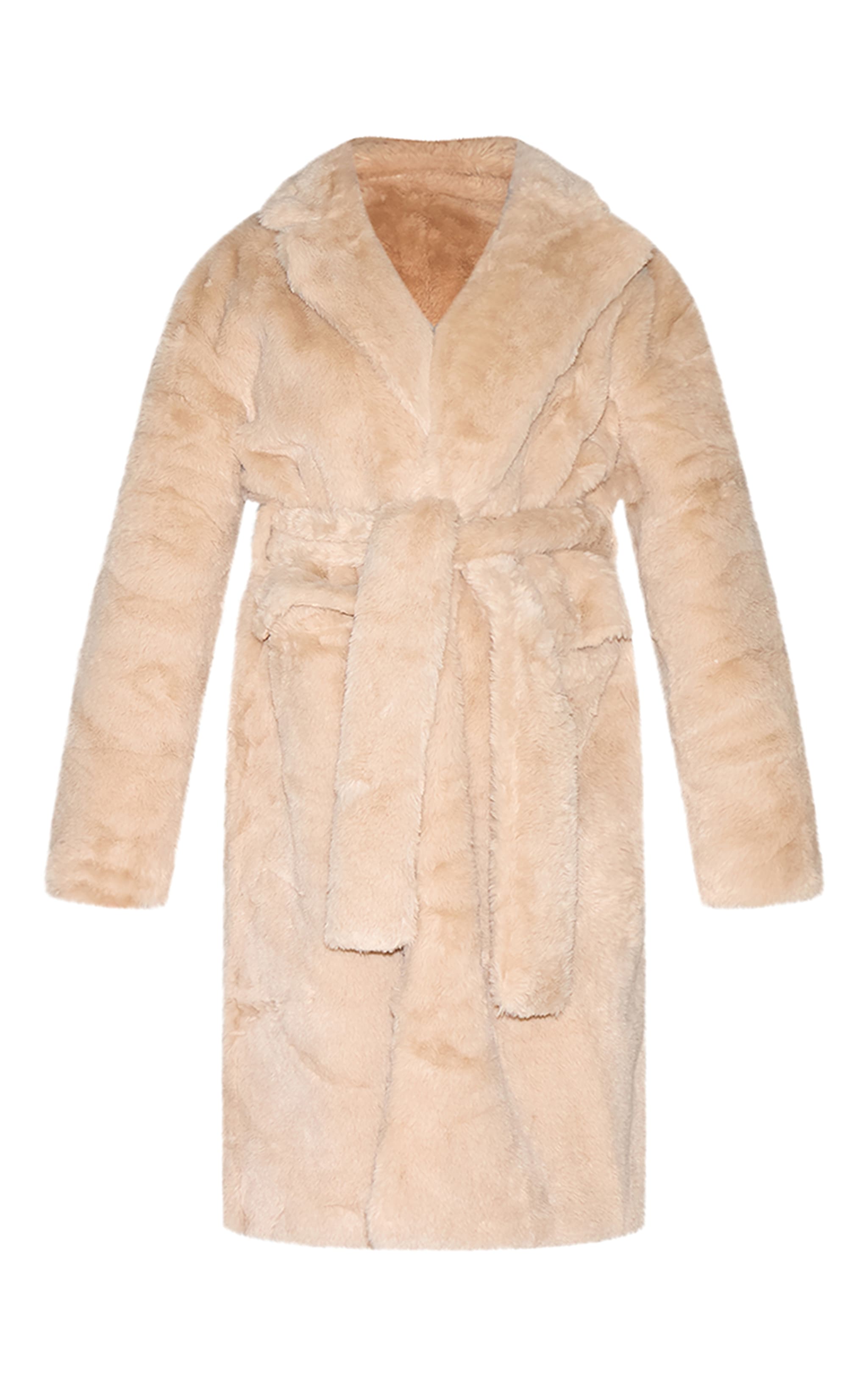 Taupe Faux Fur Self Tie Oversized Coat image 5