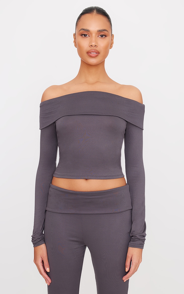 Charcoal Grey Soft Touch Fold Over Bardot Long Sleeve Long Top image 1