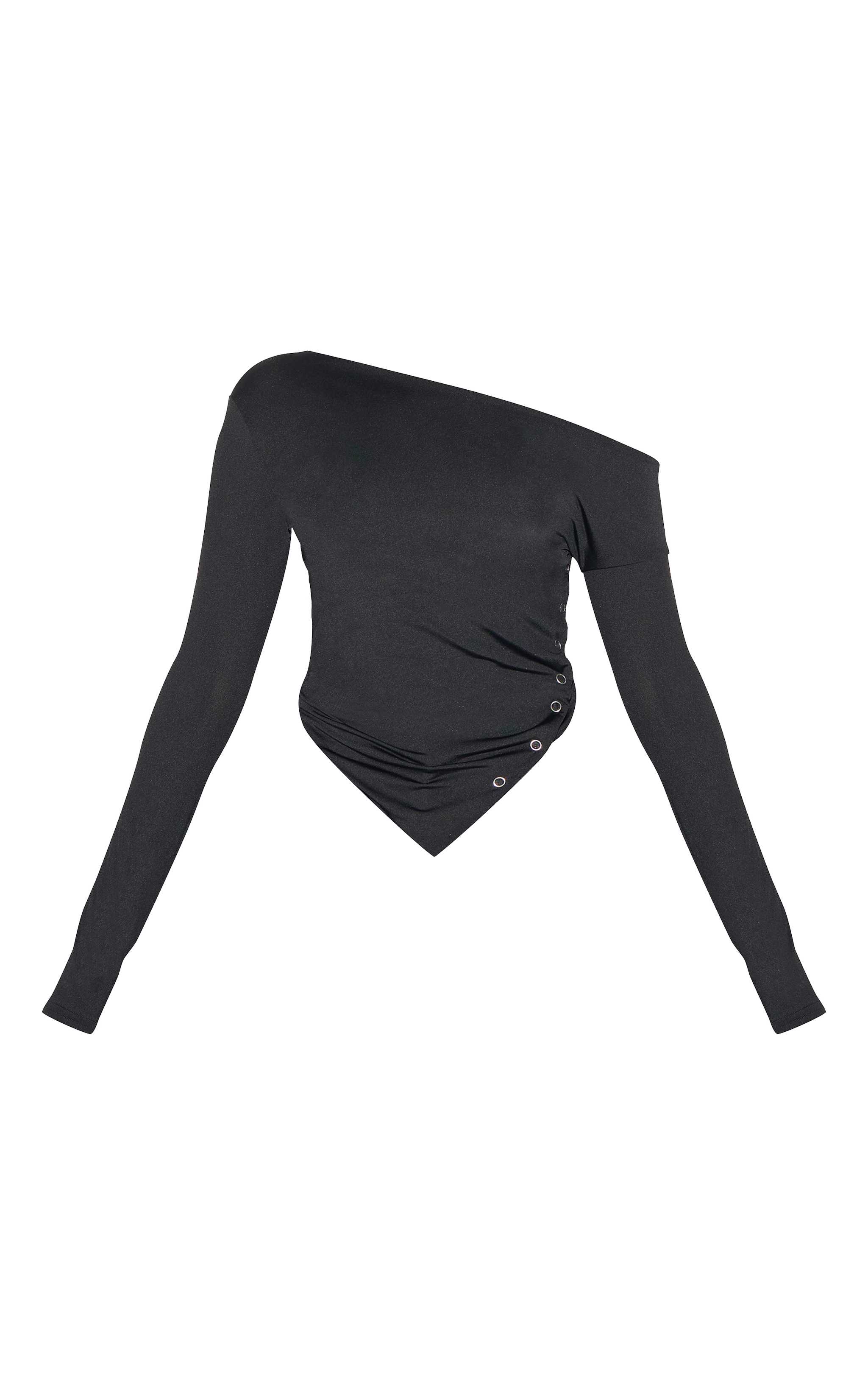 Black Slinky Asymmetric Neck Popper Detail Long Sleeve Top image 5