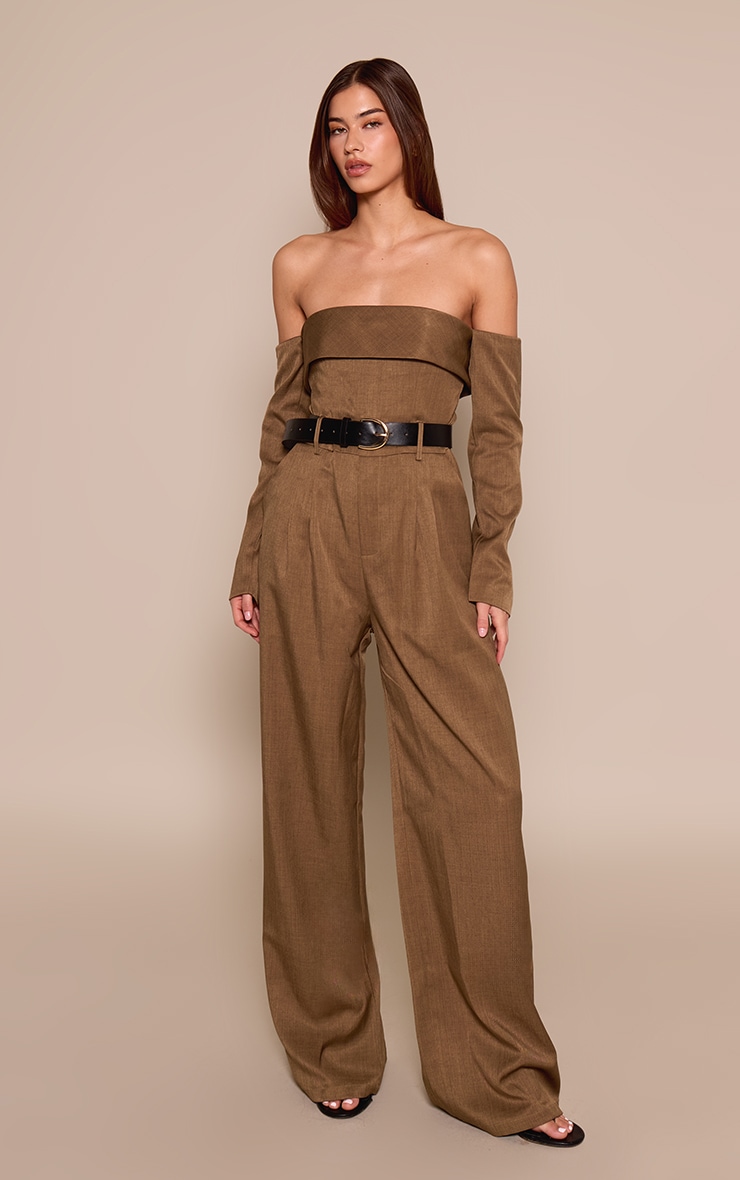 Khaki Woven Bardot Long Sleeve Belt Detail Jumpsuit image 1